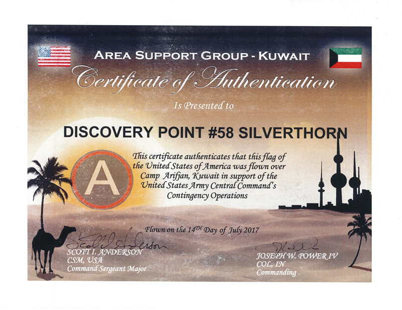 Area Support Group-Kuwait Certificate of Authentication Presented to Discovery Point Silverthorn