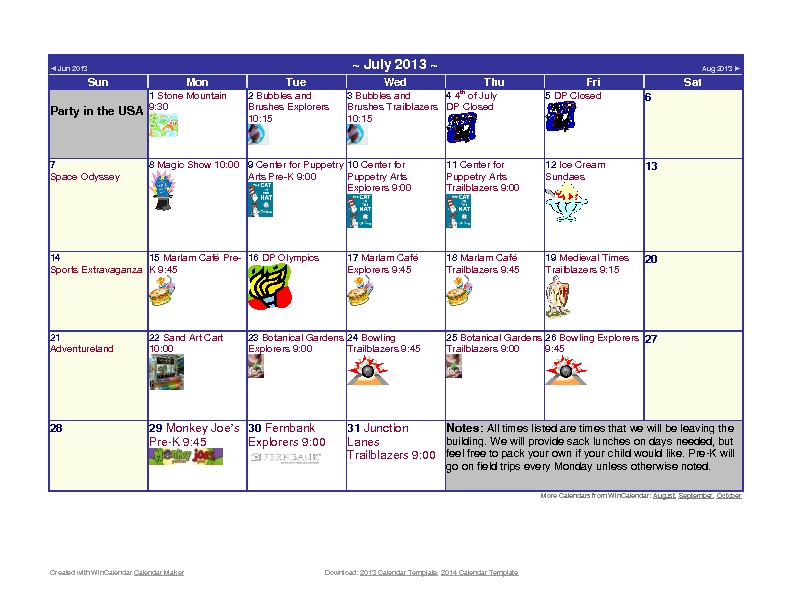 Discovery Point Kings Mill Summer Camp July 2013 Calendar