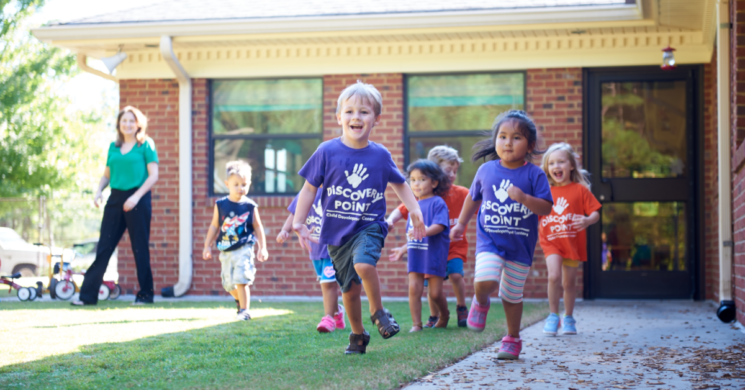 Own a franchise that helps children. Preschool age children running outside to play.